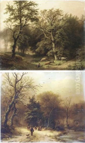 Een Boomrijk Zomerlandschap: 
Along A Forest Path In Summer; And Eenboomrijk Landschap Bij Winter: 
Figures By A Stream In Winter Oil Painting by Barend Cornelis Koekkoek