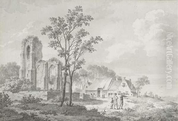 Figures Conversing By A Farmhouse And A Ruin Oil Painting by Barend Cornelis Koekkoek