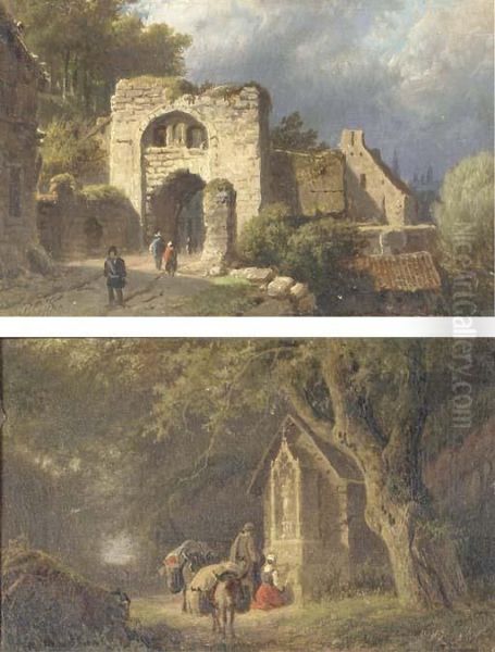 At The Old Town Gate; And Travellers By A Chapel In A Forest Oil Painting by Barend Cornelis Koekkoek