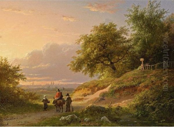 Travellers In A Wooded Landscape Oil Painting by Barend Cornelis Koekkoek