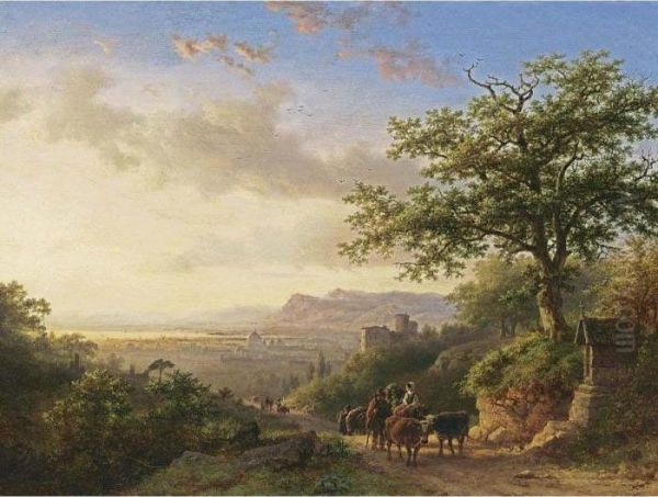 An Extensive Rhineview With Travellers On A Path Oil Painting by Barend Cornelis Koekkoek