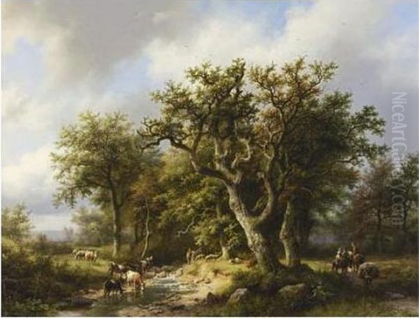 Figures With Cattle By A Forest Stream Oil Painting by Barend Cornelis Koekkoek