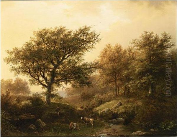 A Hilly Landscape In The Late Afternoon With A Cowherd Near A Stream Oil Painting by Barend Cornelis Koekkoek