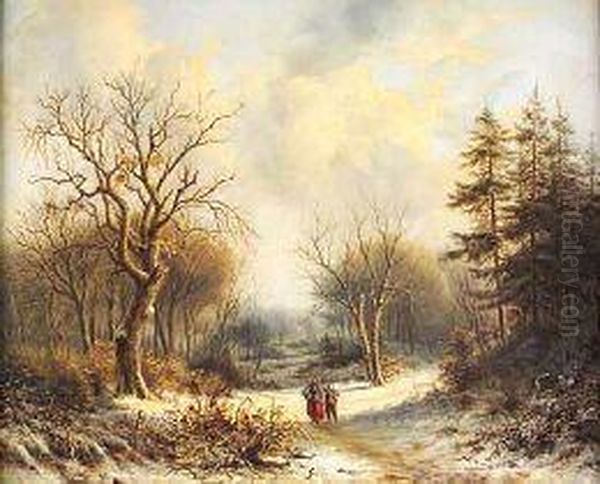 Figures In A Snow Covered Woodland Landscape Oil Painting by Barend Cornelis Koekkoek