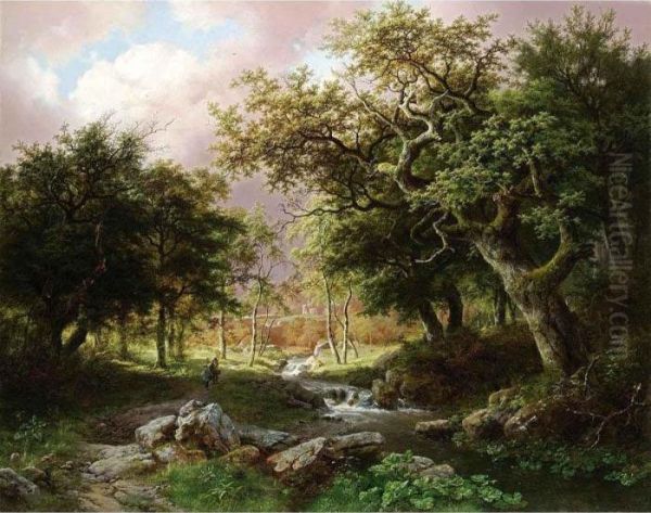 A Wooded Landscape With Figures Along A Stream Oil Painting by Barend Cornelis Koekkoek