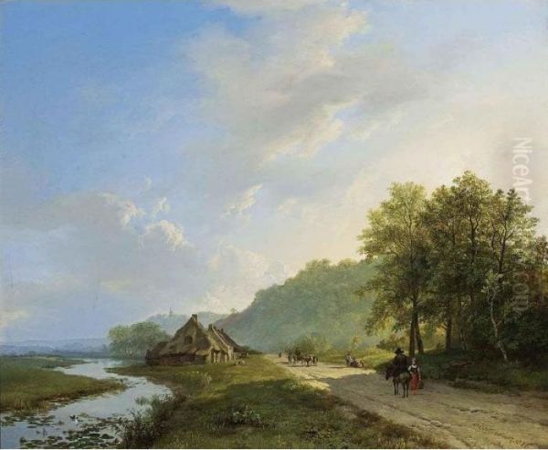 A Summer Landscape With Travellers On A Path Oil Painting by Barend Cornelis Koekkoek