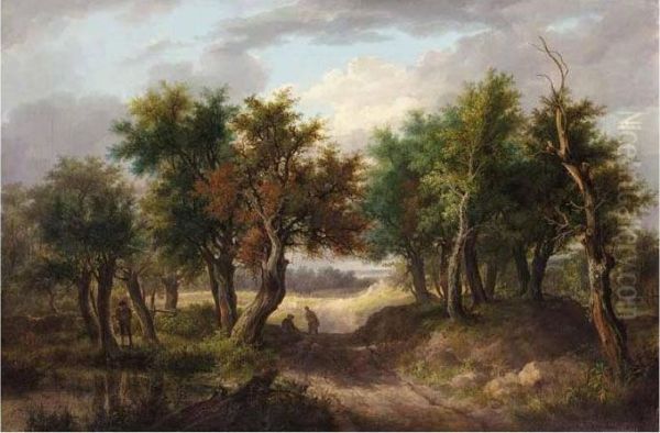 Wooded Landscape With Figures Oil Painting by Barend Cornelis Koekkoek