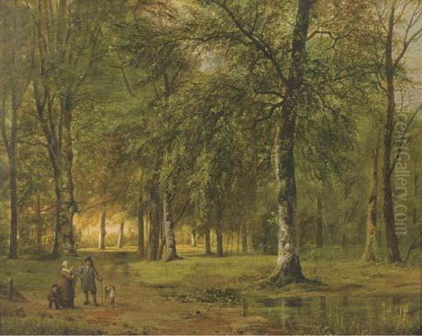 A View Of A Park With Figures Oil Painting by Barend Cornelis Koekkoek