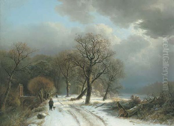 A Figure Walking A Dog On A Path In A Winter Landscape Oil Painting by Barend Cornelis Koekkoek