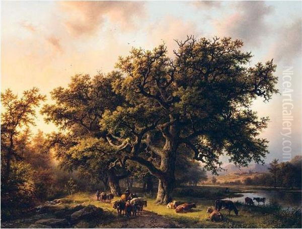 Cattle Drivers In A Rhine Landscape Oil Painting by Barend Cornelis Koekkoek