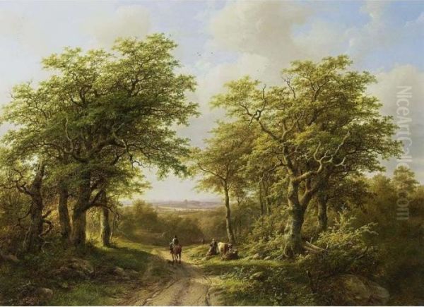 Travellers On A Country Road In A Wooded River Landscape Oil Painting by Barend Cornelis Koekkoek