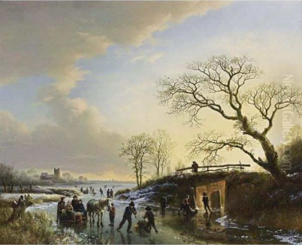 Skaters With A Horse-drawn Sledge On A Frozen River Oil Painting by Barend Cornelis Koekkoek