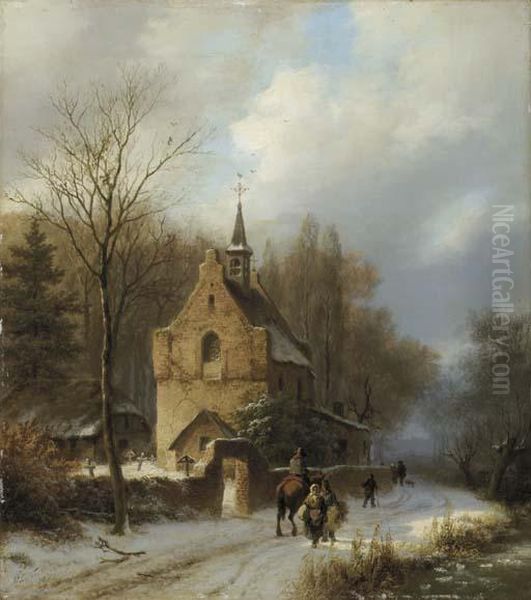 Een Boomrijk Landschap Met Een Kapel Bij Winter Oil Painting by Barend Cornelis Koekkoek