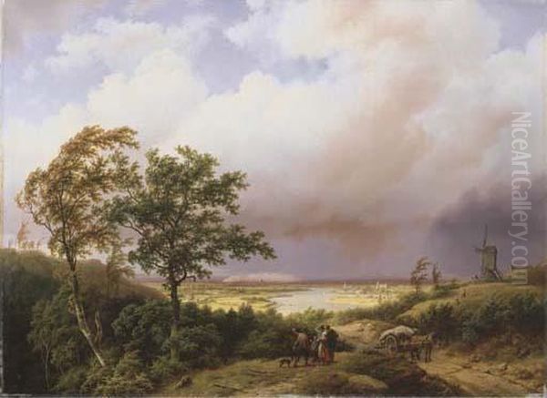 Gelders Landschap Bij Afdrijvende Donderbuij En Brand In De Verte Oil Painting by Barend Cornelis Koekkoek