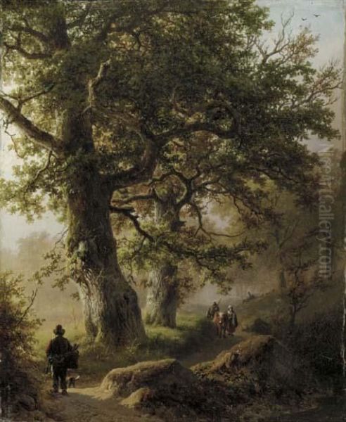 Boschgezigt Bij Morgenstond: Travellers On A Forest Path Oil Painting by Barend Cornelis Koekkoek