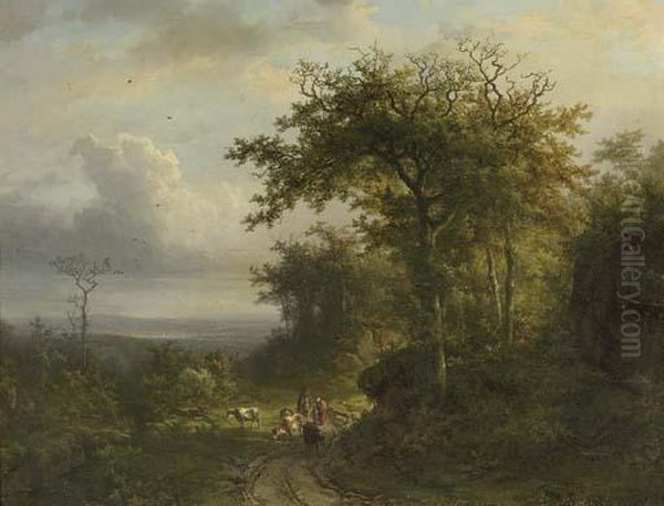 Peasants On A Wooded Path, A 
Valley Beyond; And Peasants Entering Achapel In A Wooded Valley Oil Painting by Barend Cornelis Koekkoek