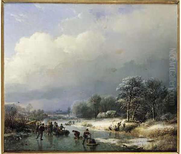 Patineurs Sur Une Riviere Gelee Dans La Campagne Hollandaise Oil Painting by Barend Cornelis Koekkoek