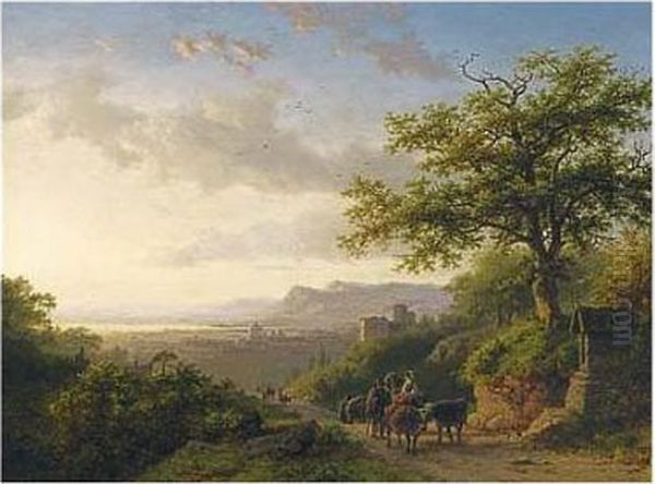 An Extensive Rhineview With Travellers On A Path Oil Painting by Barend Cornelis Koekkoek