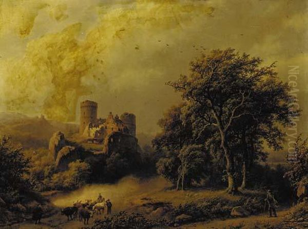 Figures And Cattle On A Path In Wooded Landscape With A Castle Beyond Oil Painting by Barend Cornelis Koekkoek