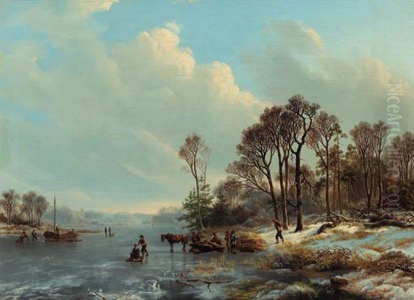 A Frozen Waterway With Figures And Foresters Oil Painting by Barend Cornelis Koekkoek