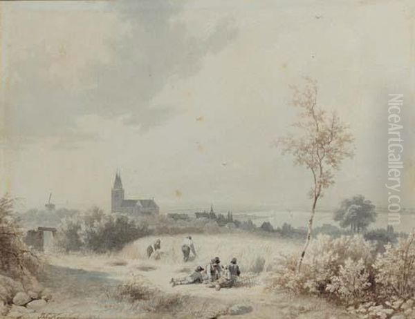 A View Of Cleves With Farmers Reaping Corn In The Foreground Oil Painting by Barend Cornelis Koekkoek