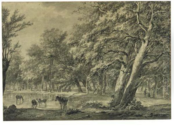 A Wood With A Herdsman, His 
Cattle Drinking In A Pond, Travellersresting Next To A Barn Nearby Oil Painting by Barend Cornelis Koekkoek