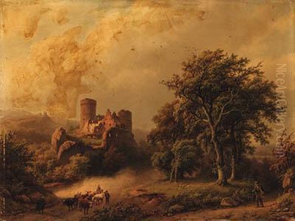 Figures And Cattle On A Path In Wooded Landscape With A Castlebeyond Oil Painting by Barend Cornelis Koekkoek