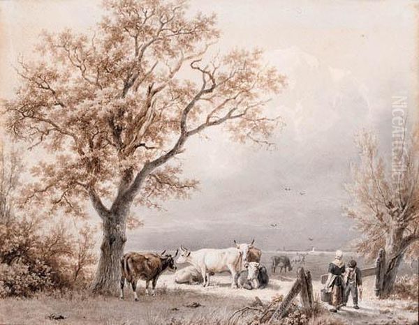 Cows In A Sunlit Meadow Oil Painting by Barend Cornelis Koekkoek