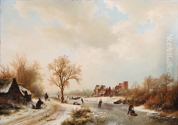 Winterlandschap: A Winter 
Landscape With Skaters On A Frozenwaterway And Peasants By A Farm In The
 Foreground Oil Painting by Barend Cornelis Koekkoek