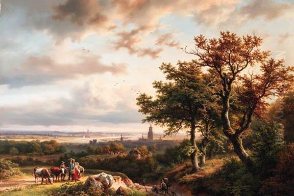 A Panoramic Rhenish Landscape With Peasants Conversing On A Trackin The Morning Sun Oil Painting by Barend Cornelis Koekkoek