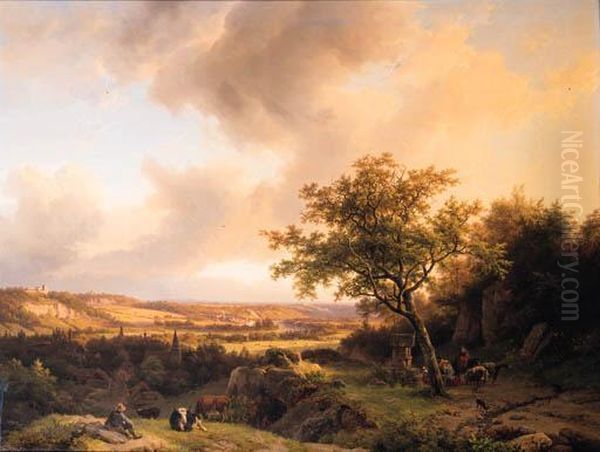 A Panoramic Rhenish Landscape Oil Painting by Barend Cornelis Koekkoek