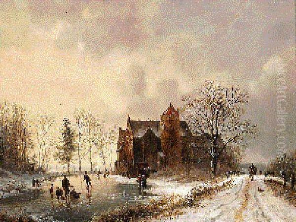 A Dutch Castle In A Winter Landscape Oil Painting by Barend Cornelis Koekkoek