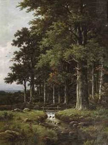 A Forest Stream Oil Painting by Hendrik Pieter Koekkoek