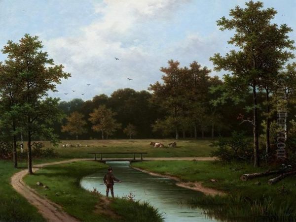 Angler By A Stream Near A Forest Oil Painting by Hendrik Pieter Koekkoek