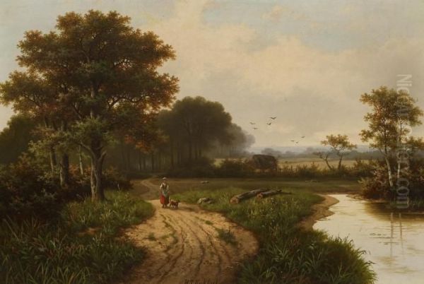 Auf Dem Feldweg Oil Painting by Hendrik Pieter Koekkoek