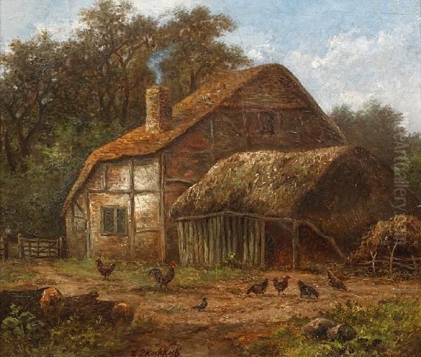 Thatched Barn With Chickens To Theforeground Oil Painting by Hendrik Pieter Koekkoek