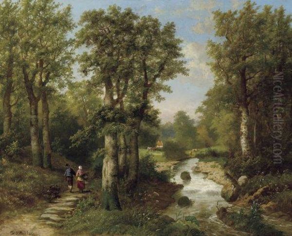 Promeneurs Dans Un Paysage Fluvial Oil Painting by Hendrik Pieter Koekkoek