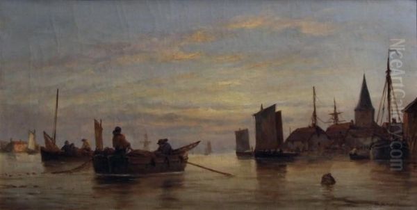 Dutch Canal Scene Oil Painting by Hendrik Pieter Koekkoek