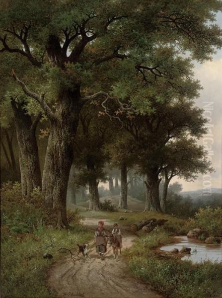 A Walk In The Forest Oil Painting by Hendrik Pieter Koekkoek