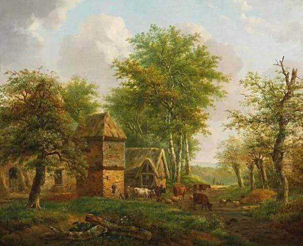 Summerly Village Landscape With Trees And Cattle Oil Painting by Hendrik Pieter Koekkoek