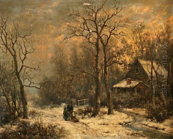 Figuren Met Duwslede In Winters Bos Oil Painting by Hendrik Pieter Koekkoek