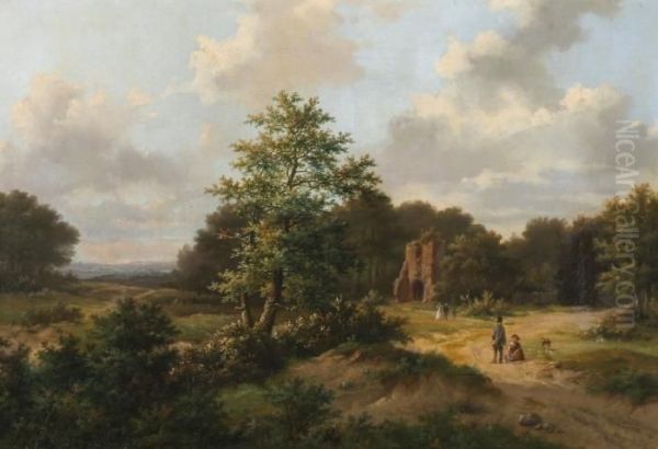 Zomers Landschap Met Figuren Bij Een Ruâ€¹ne Oil Painting by Hendrik Pieter Koekkoek