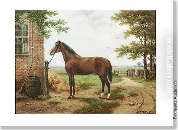 Cheval Pres De La Ferme. Oil Painting by Hendrik Pieter Koekkoek