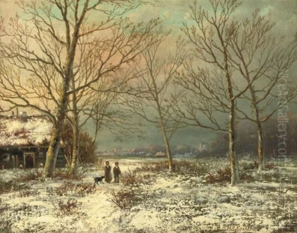 On A Snowy Path In Winter Oil Painting by Hendrik Pieter Koekkoek