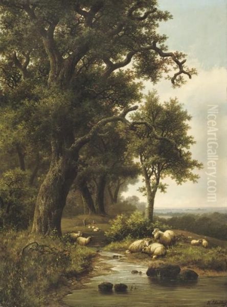 Sheep Near A Forest Stream Oil Painting by Hendrik Pieter Koekkoek