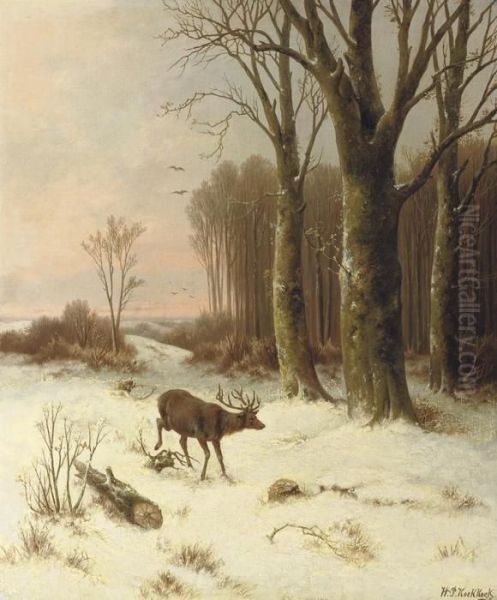 A Stag On The Edge Of A Forest Oil Painting by Hendrik Pieter Koekkoek