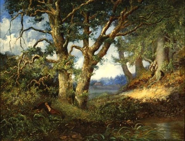 Resting Figure In A Wooded Landscape Oil Painting by Hendrik Pieter Koekkoek