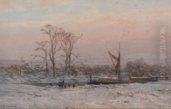 Winterlandschap Met Aangemeerde Boten Op Rivier Oil Painting by Hendrik Pieter Koekkoek