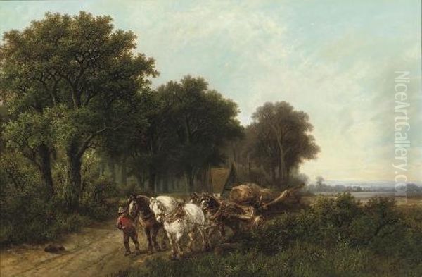 A Woodgatherer With His 'malle Jan' Oil Painting by Hendrik Pieter Koekkoek