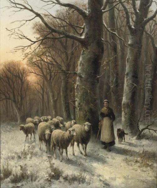 Crossing A Snow Covered Forest Oil Painting by Hendrik Pieter Koekkoek